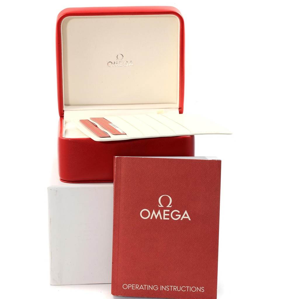 The image shows an Omega Seamaster 2225.80.00 Men
s Stainless Steel Blue Dial 2225.80.00 Men
s Stainless Steel Blue Dial watch box, operating instructions, and warranty cards.