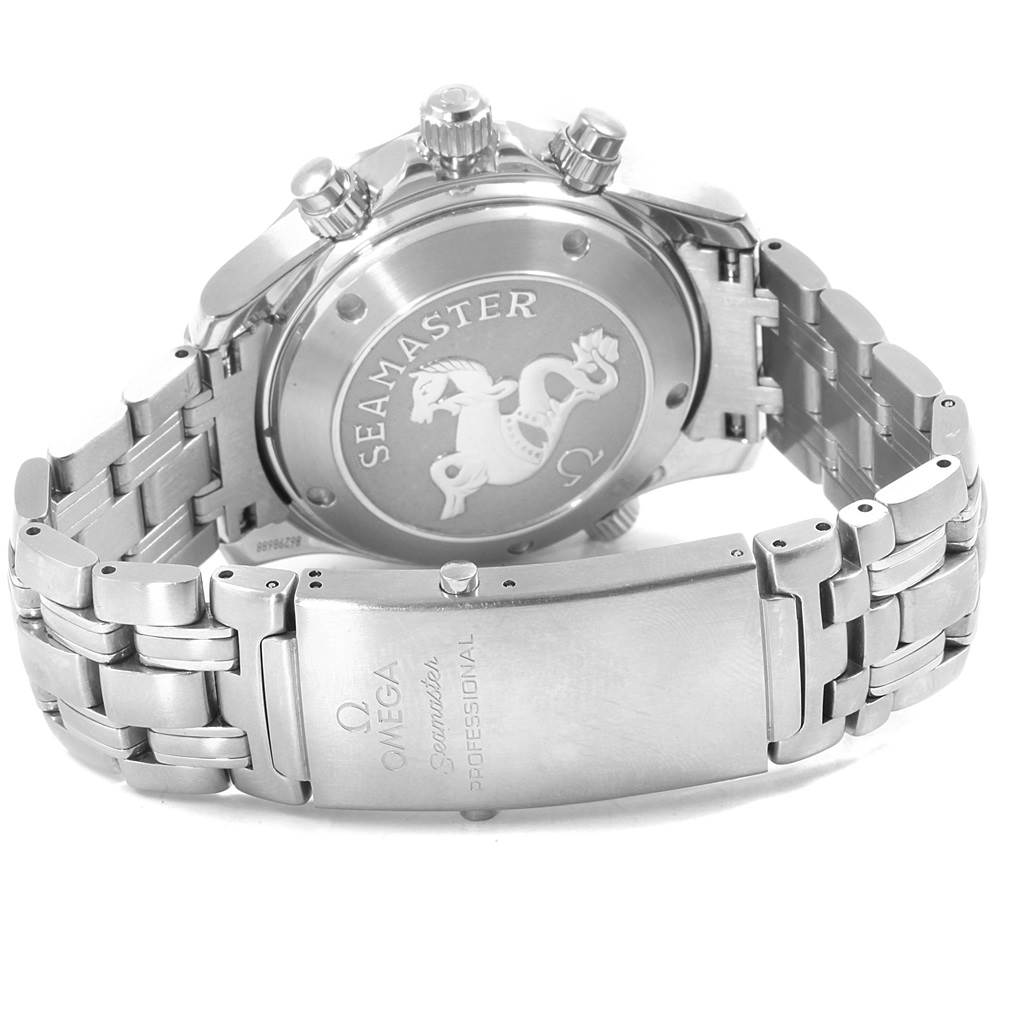 The image shows the back case and metal bracelet of the Omega Seamaster 2225.80.00 Men
s Stainless Steel Blue Dial 2225.80.00 Men
s Stainless Steel Blue Dial watch.