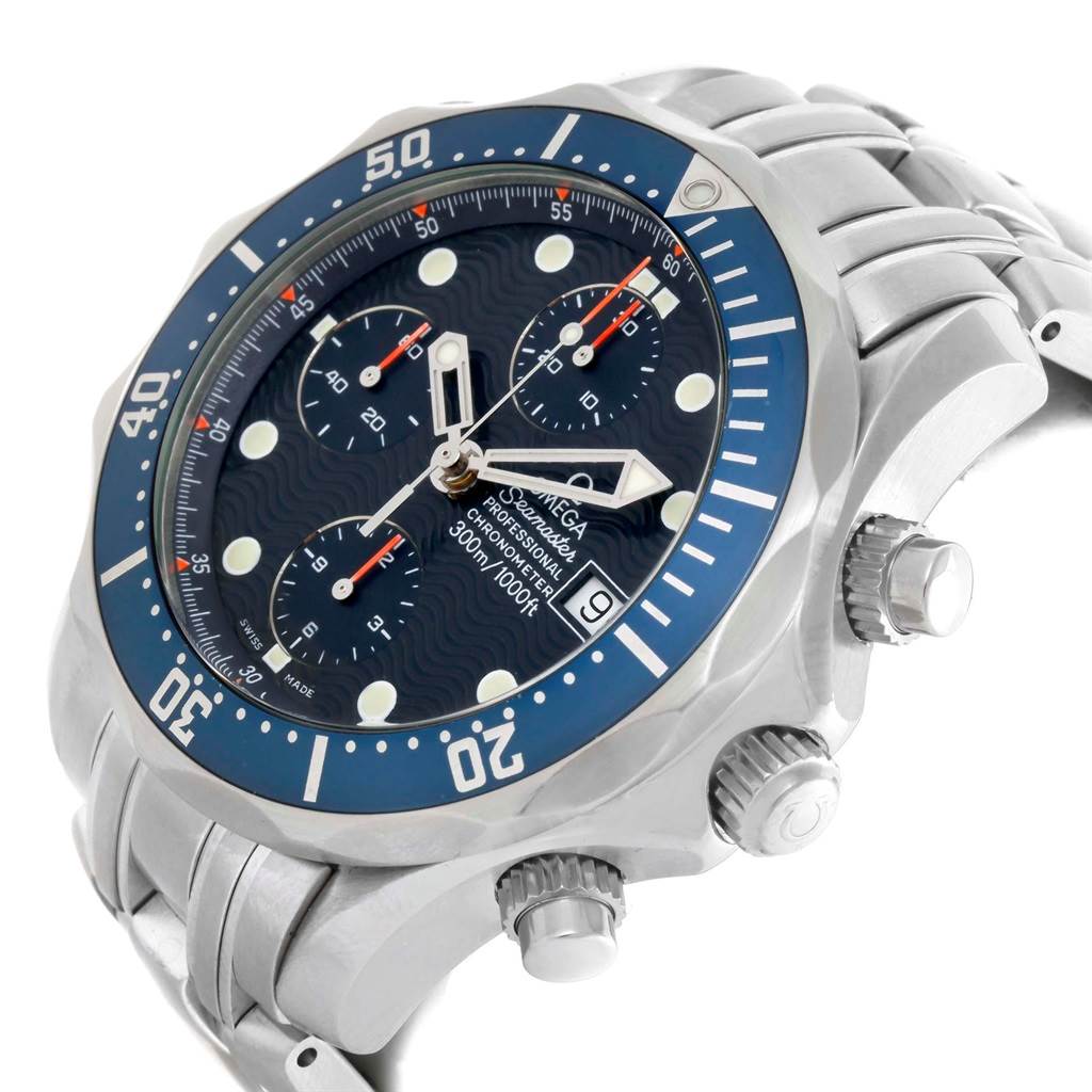 The image shows the Omega Seamaster 2225.80.00 Men
s Stainless Steel Blue Dial 2225.80.00 Men
s Stainless Steel Blue Dial watch at an angle displaying the bezel, dial, crown, chronograph subdials, and bracelet.