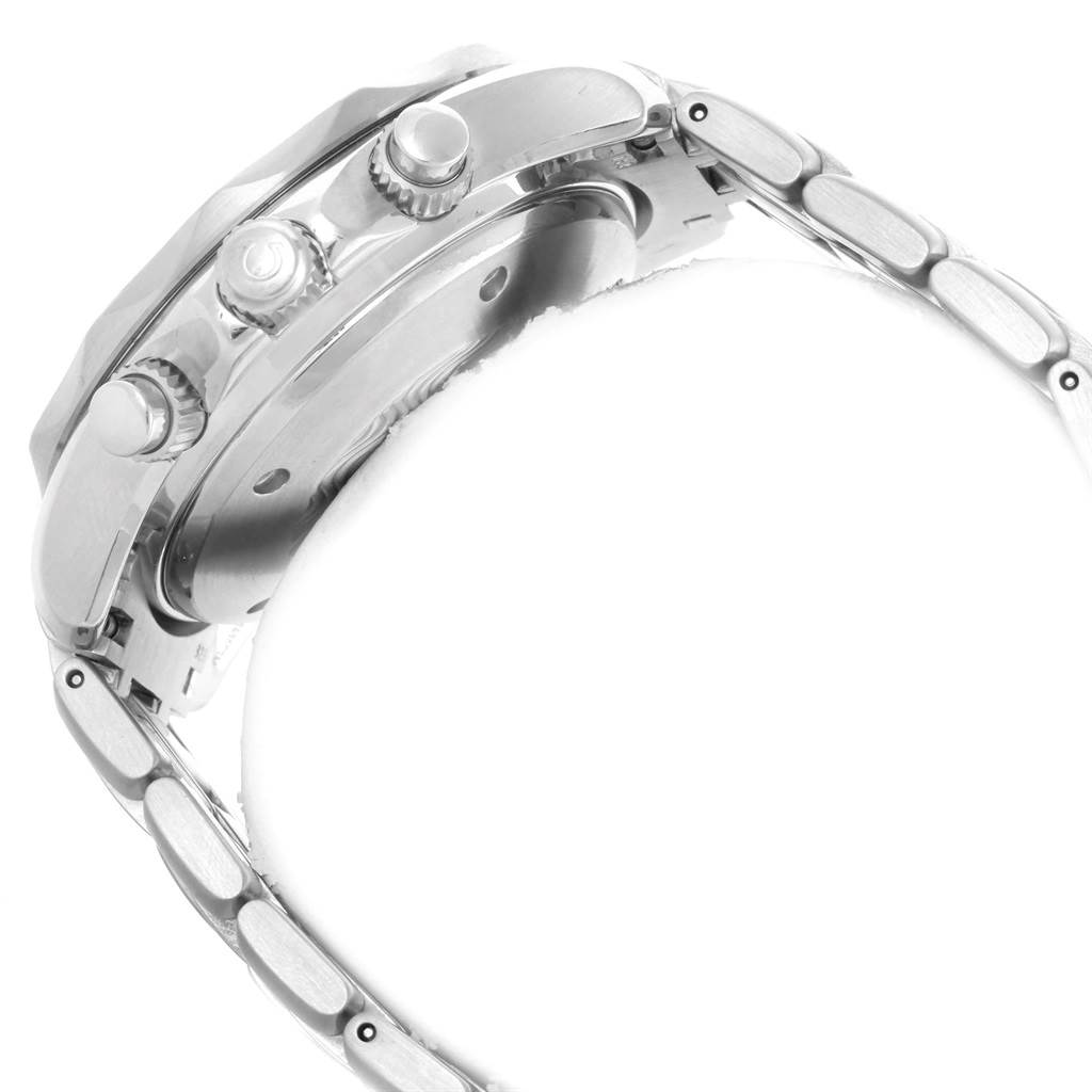 The image shows a side profile of an Omega Seamaster 2225.80.00 Men
s Stainless Steel Blue Dial 2225.80.00 Men
s Stainless Steel Blue Dial watch, focusing on the crown, pushers, and part of the bracelet.