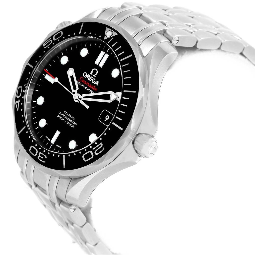 The image shows an angled side view of an Omega Seamaster 212.30.41.20.01.003 Men
s Stainless Steel Black Dial 212.30.41.20.01.003 Men
s Stainless Steel Black Dial watch, highlighting the face, bezel, crown, and part of the bracelet.