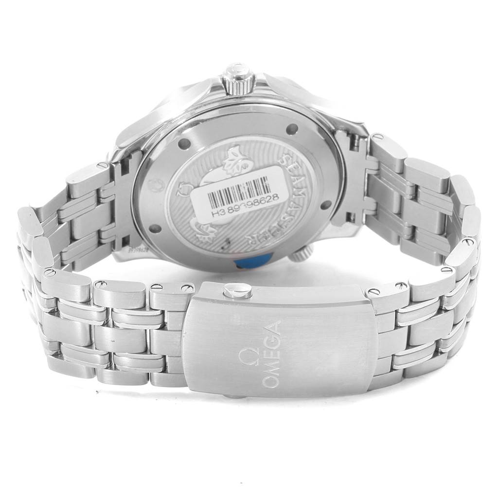 The image shows the back case and bracelet lock of an Omega Seamaster 212.30.41.20.01.003 Men
s Stainless Steel Black Dial 212.30.41.20.01.003 Men
s Stainless Steel Black Dial watch, including the engraved logo and serial number sticker.