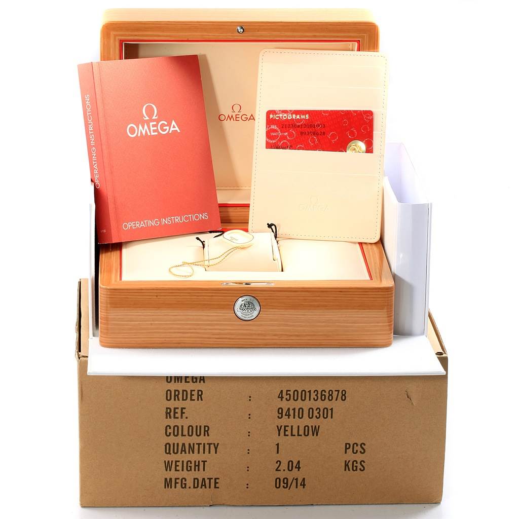 The image shows packaging and accessories of an Omega Seamaster 212.30.41.20.01.003 Men
s Stainless Steel Black Dial 212.30.41.20.01.003 Men
s Stainless Steel Black Dial, including a wooden box, manuals, and a card holder.