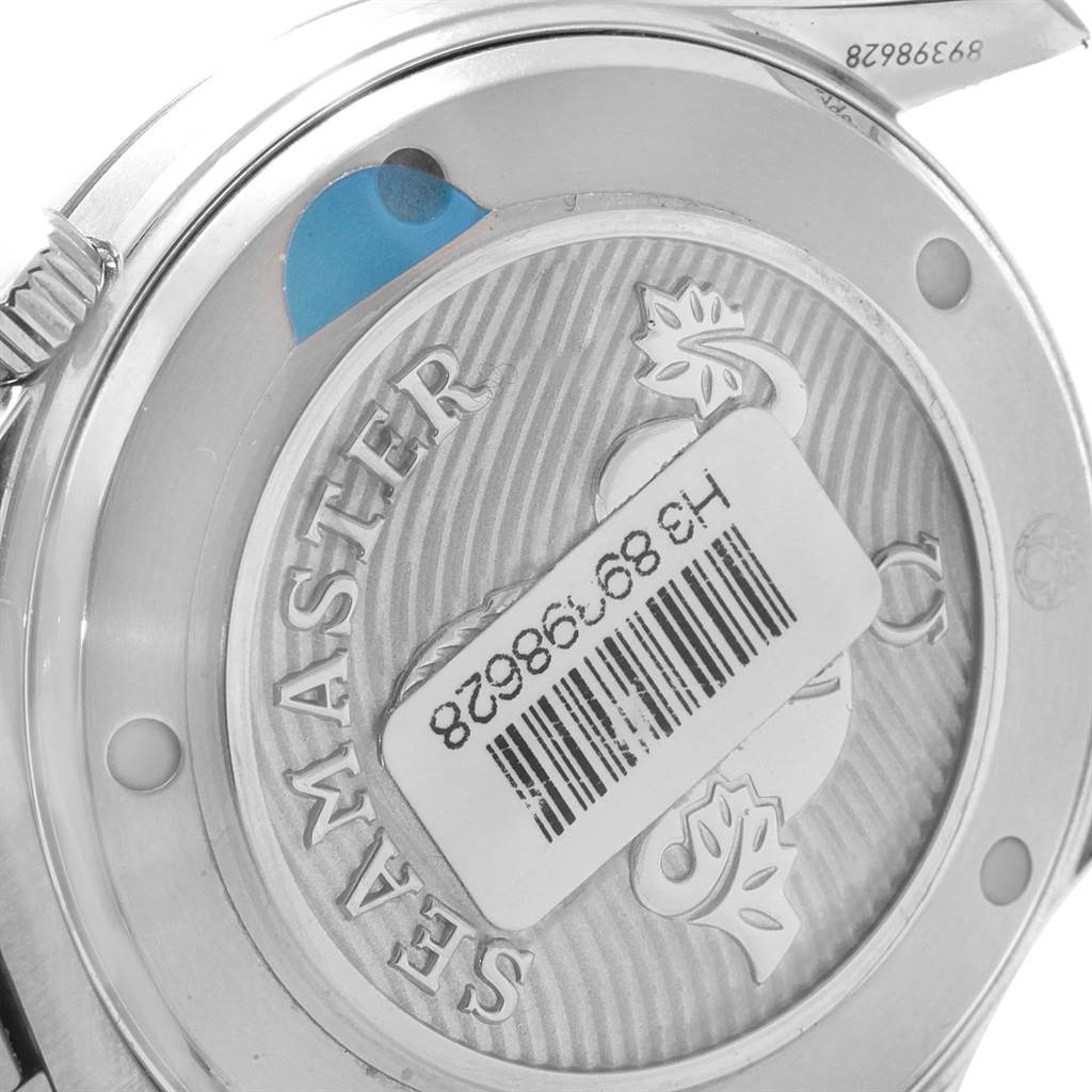 The image shows the backside of an Omega Seamaster 212.30.41.20.01.003 Men
s Stainless Steel Black Dial 212.30.41.20.01.003 Men
s Stainless Steel Black Dial watch, specifically the case back with its engravings.