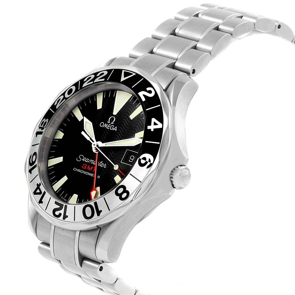The Omega Seamaster 2536.50.00 Men's Stainless Steel Black Dial 2536.50.00 Men's Stainless Steel Black Dial watch is shown at a side angle, displaying its black dial, bezel, and stainless steel bracelet.