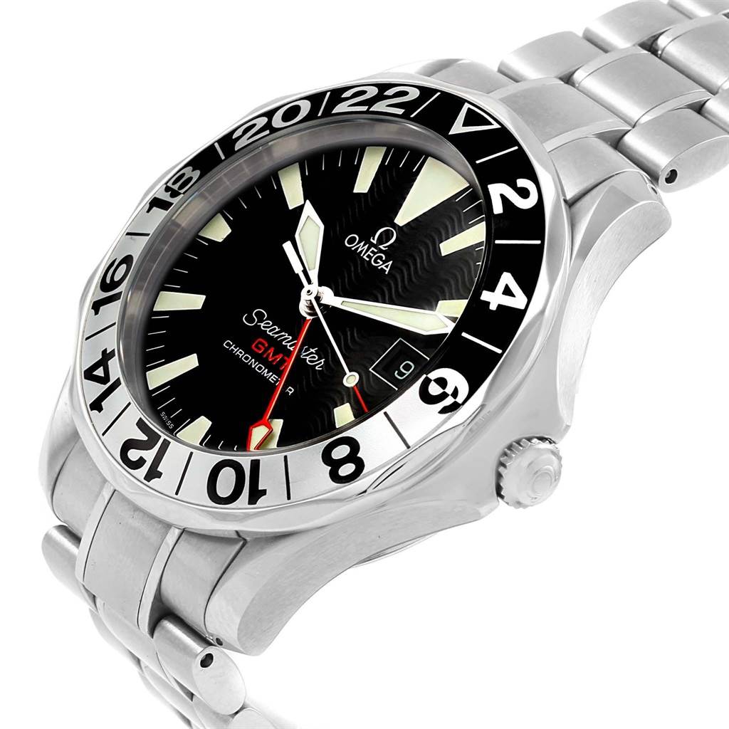 The image shows a side angle of an Omega Seamaster 2536.50.00 Men's Stainless Steel Black Dial 2536.50.00 Men's Stainless Steel Black Dial watch, highlighting its face, bezel, case, and partial bracelet.