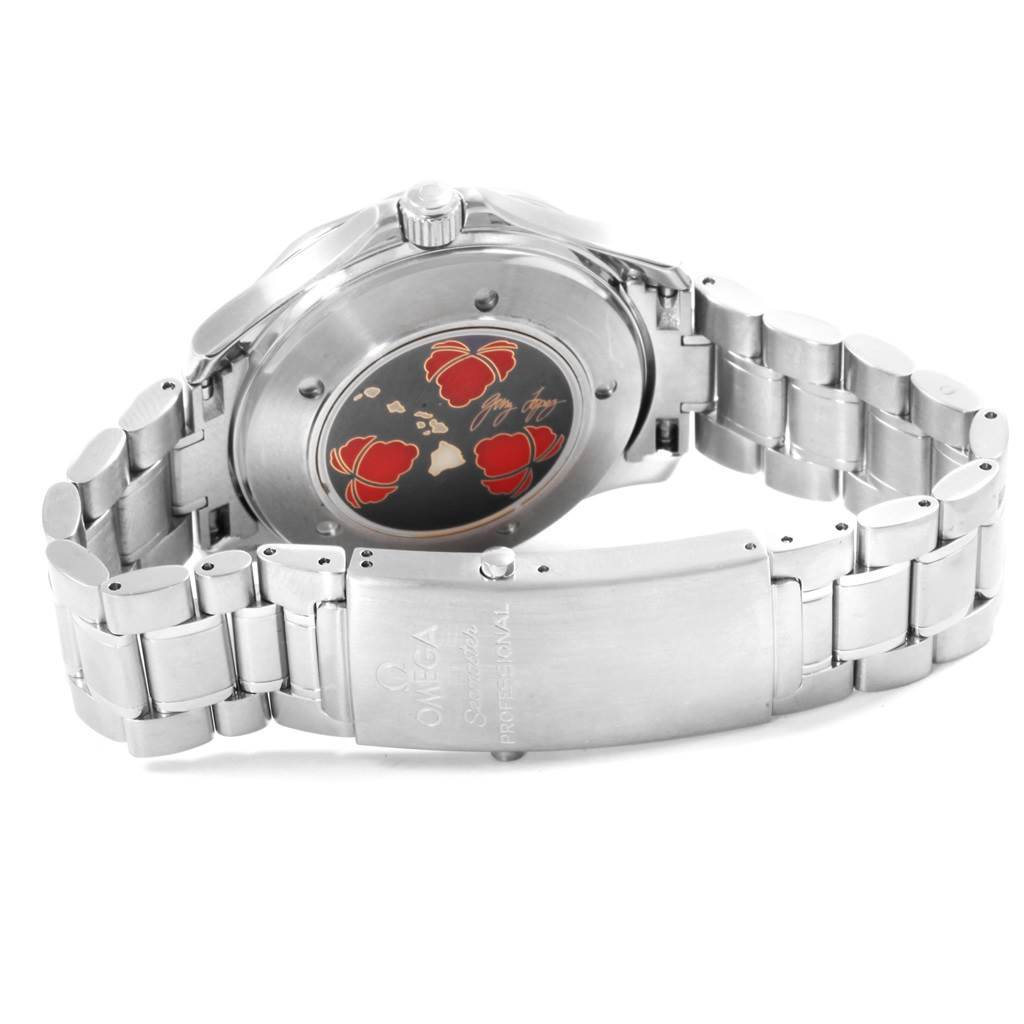 The image shows the back case and bracelet of an Omega Seamaster 2536.50.00 Men's Stainless Steel Black Dial 2536.50.00 Men's Stainless Steel Black Dial watch, highlighting the engraved design and clasp.