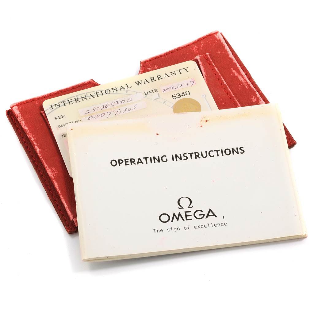 The image shows operating instructions, international warranty cards, and a red cardholder for the Omega Seamaster 2536.50.00 Men's Stainless Steel Black Dial 2536.50.00 Men's Stainless Steel Black Dial watch.