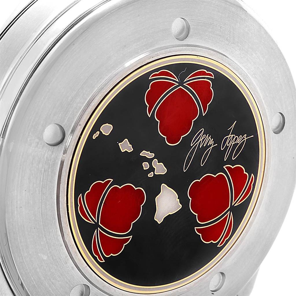 The image shows the case back of an Omega Seamaster 2536.50.00 Men's Stainless Steel Black Dial 2536.50.00 Men's Stainless Steel Black Dial model, featuring an engraved design and signature.