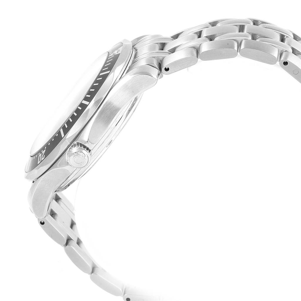 The Omega Seamaster 212.30.41.20.01.002 Men
s Stainless Steel Black Dial 212.30.41.20.01.002 Men
s Stainless Steel Black Dial watch is shown from the side, highlighting the bezel, crown, case, and metal bracelet.