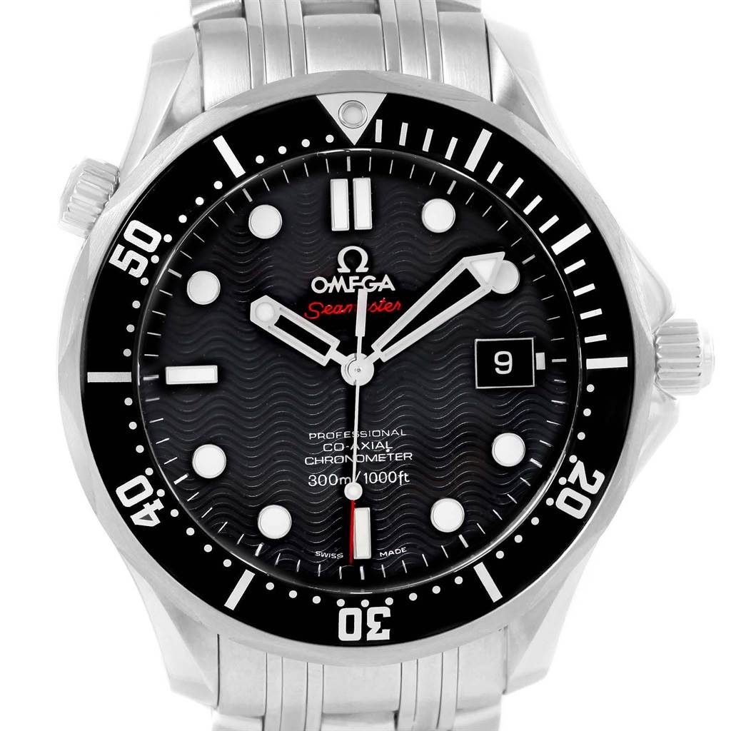 This image shows a front view of the Omega Seamaster 212.30.41.20.01.002 Men
s Stainless Steel Black Dial 212.30.41.20.01.002 Men
s Stainless Steel Black Dial watch, displaying the dial, bezel, crown, and part of the bracelet.