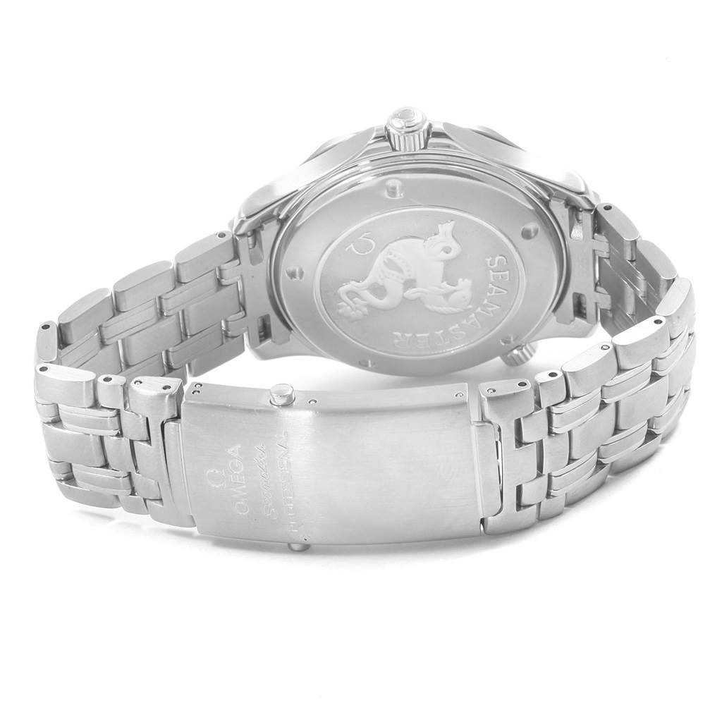 The image shows the back case and bracelet of an Omega Seamaster 212.30.41.20.01.002 Men
s Stainless Steel Black Dial 212.30.41.20.01.002 Men
s Stainless Steel Black Dial watch, highlighting the clasp and engraved emblem on the case back.