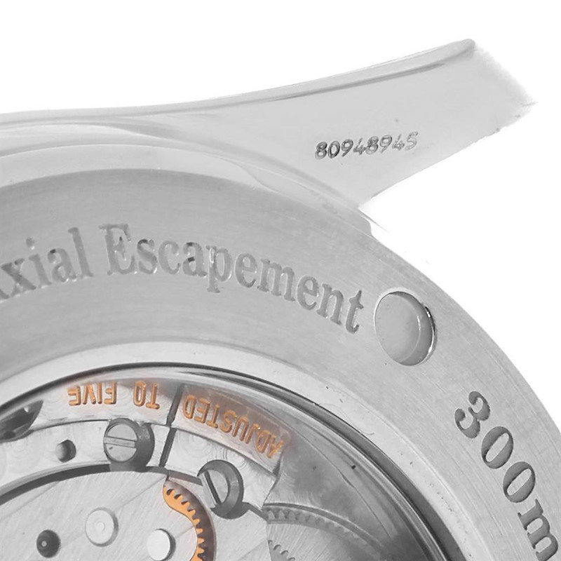 This image shows a close-up of the inner mechanical parts and engravings of the Omega Seamaster watch.