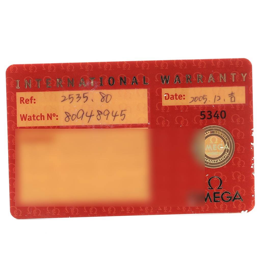 This image shows the International Warranty card for an Omega Seamaster 2535.80.00 Men
s Stainless Steel Blue Dial 2535.80.00 Men
s Stainless Steel Blue Dial watch model 2535.80, displaying reference number, watch number, and date.
