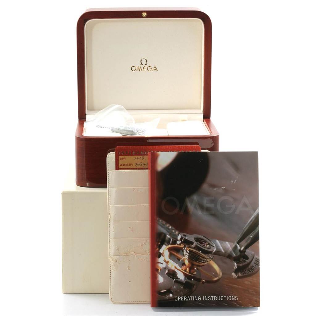 The image shows the Omega Seamaster 2535.80.00 Men
s Stainless Steel Blue Dial 2535.80.00 Men
s Stainless Steel Blue Dial watch box, operating instructions manual, and warranty card holder.