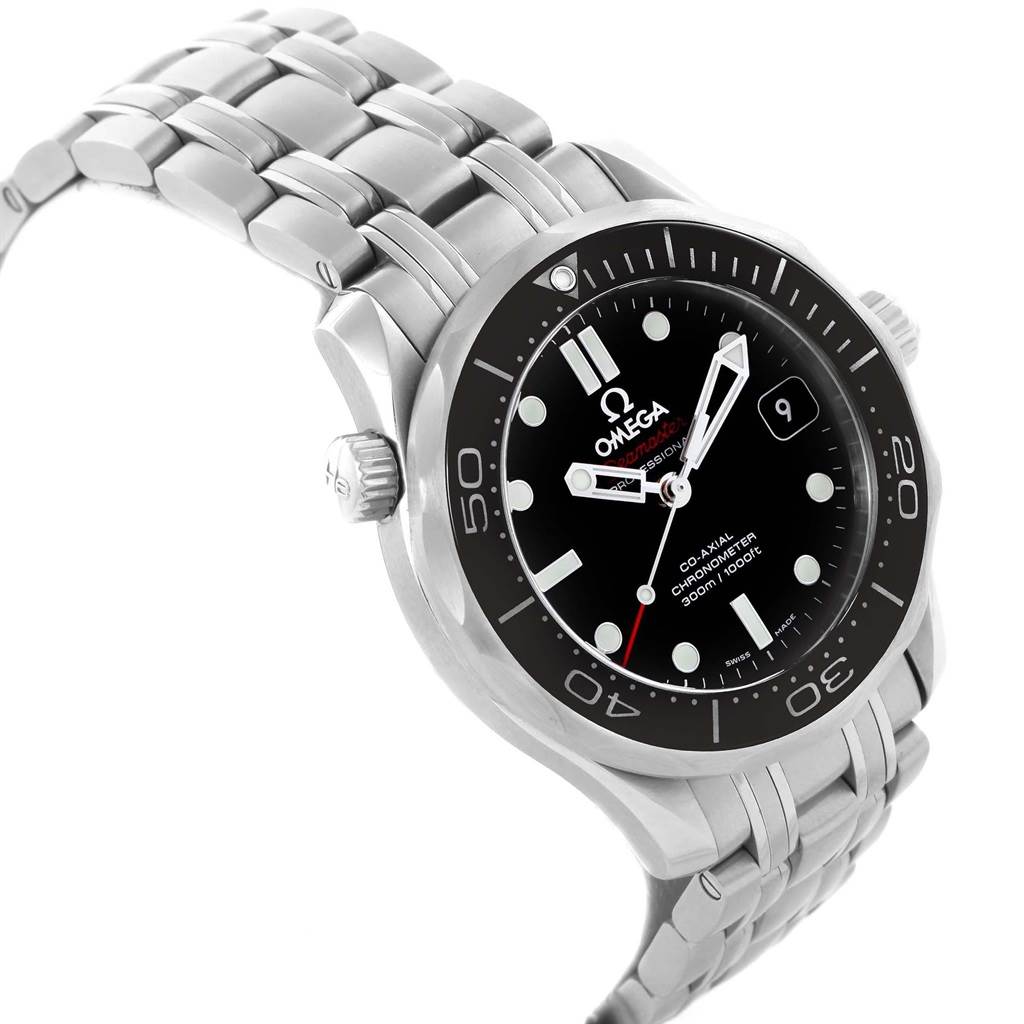 The image shows a side view of the Omega Seamaster 212.30.36.20.01.002 Men
s Stainless Steel Black Dial 212.30.36.20.01.002 Men
s Stainless Steel Black Dial watch displaying the bezel, crown, face, and part of the bracelet.