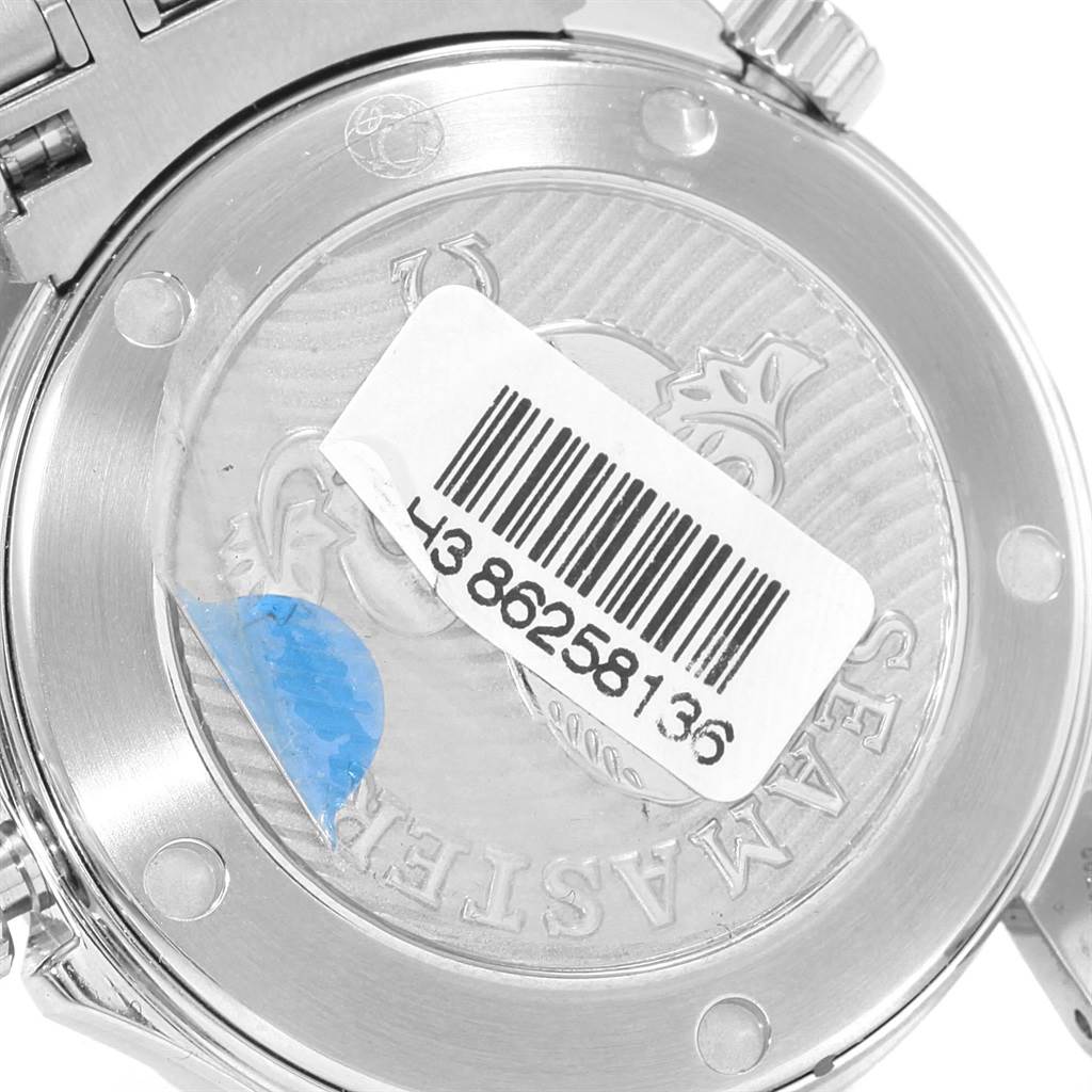 This image shows the caseback of an Omega Seamaster 212.30.36.20.01.002 Men
s Stainless Steel Black Dial 212.30.36.20.01.002 Men
s Stainless Steel Black Dial watch with a barcode sticker on it.