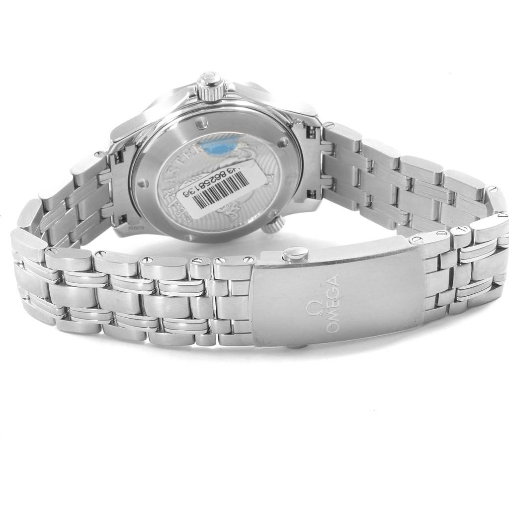 The image shows the back and clasp of an Omega Seamaster 212.30.36.20.01.002 Men
s Stainless Steel Black Dial 212.30.36.20.01.002 Men
s Stainless Steel Black Dial watch, highlighting its bracelet and case back.