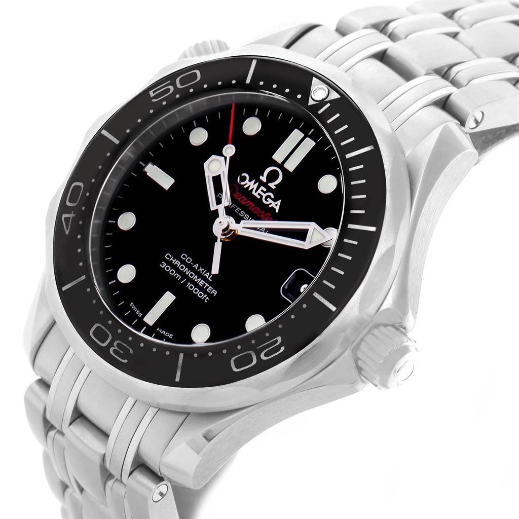 The Omega Seamaster 212.30.36.20.01.002 Men
s Stainless Steel Black Dial 212.30.36.20.01.002 Men
s Stainless Steel Black Dial watch is shown at a slight angle, focusing on its black dial, bezel, and metal bracelet.