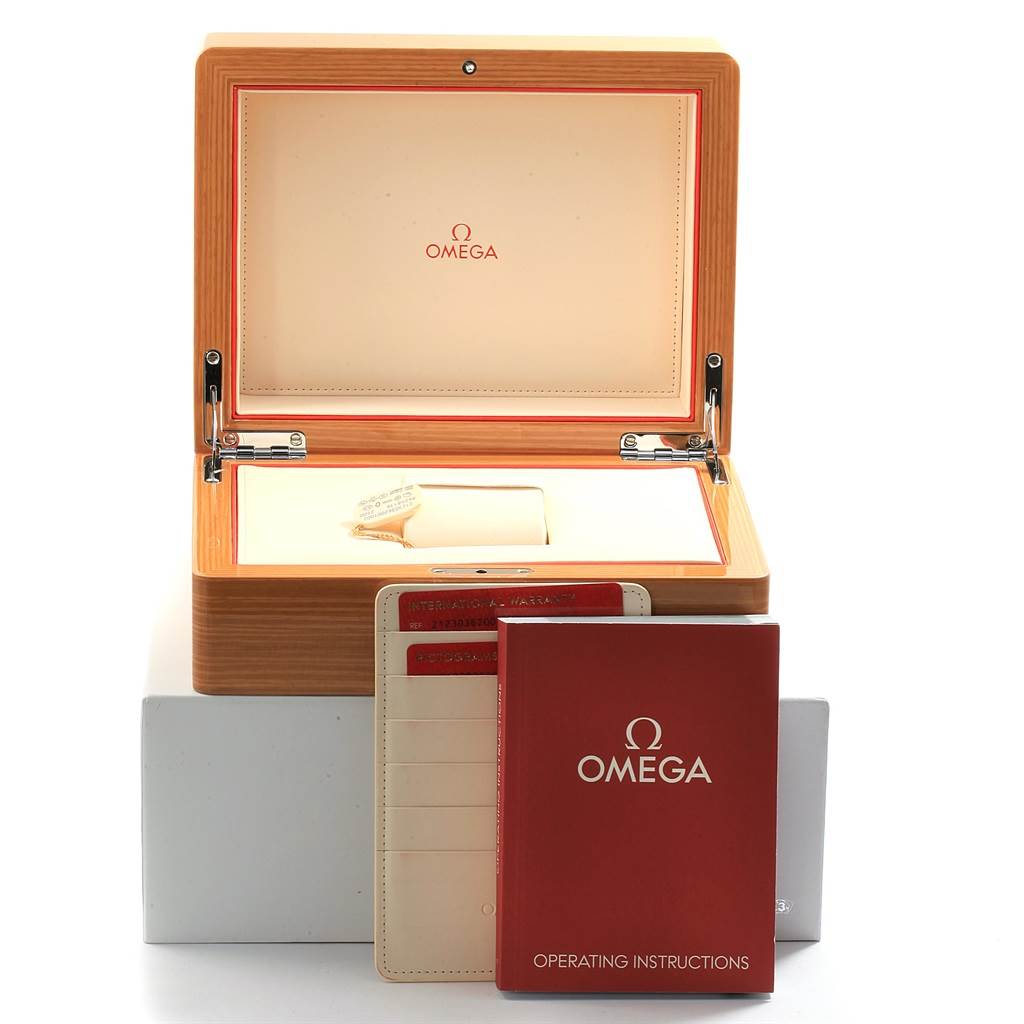 The image shows an Omega Seamaster 212.30.36.20.01.002 Men
s Stainless Steel Black Dial 212.30.36.20.01.002 Men
s Stainless Steel Black Dial watch box, operating manual, and warranty cards presented from a front angle.