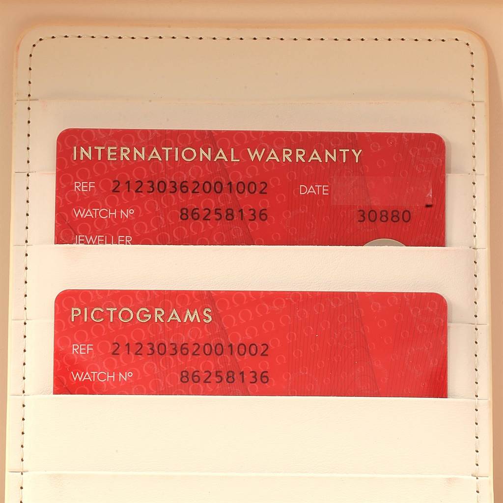 The image shows the International Warranty and Pictograms cards for an Omega Seamaster 212.30.36.20.01.002 Men
s Stainless Steel Black Dial 212.30.36.20.01.002 Men
s Stainless Steel Black Dial.
