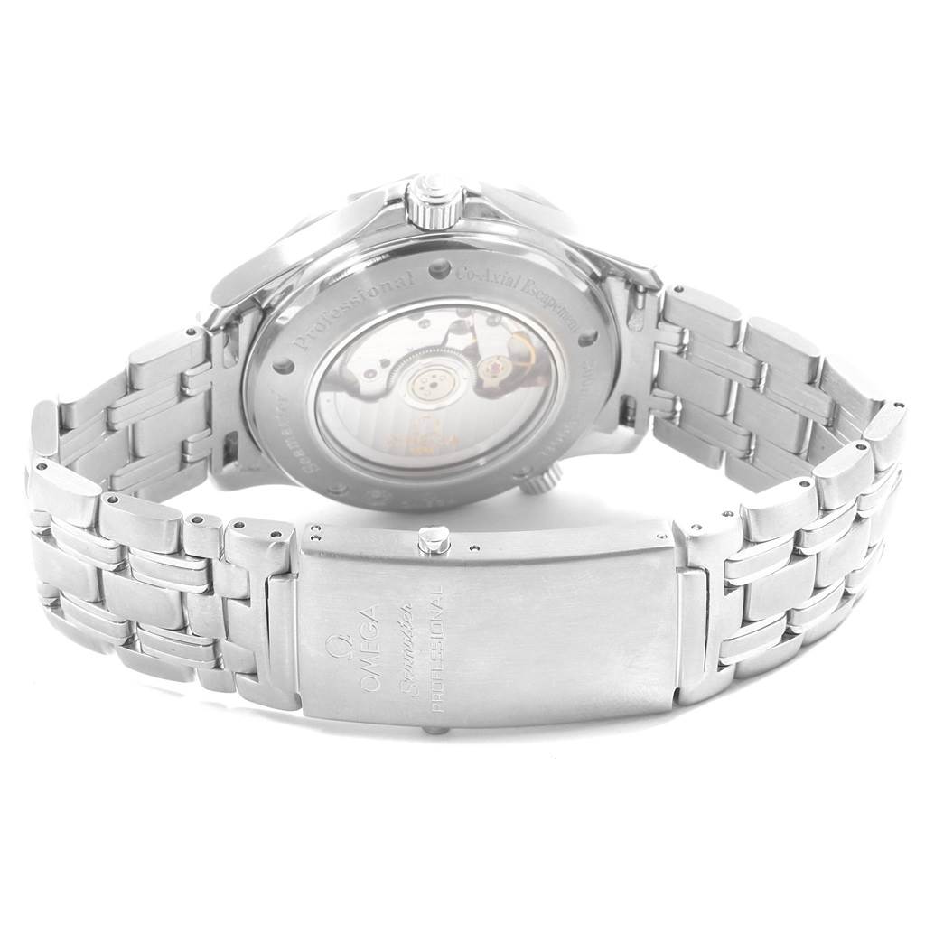 The image shows the back view of an Omega Seamaster 2535.80.00 Men
s Stainless Steel Blue Dial 2535.80.00 Men
s Stainless Steel Blue Dial watch, highlighting its exposed movement and metal bracelet clasp.