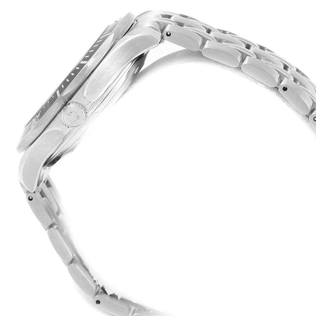 The image shows a side view of an Omega Seamaster 212.30.41.20.01.002 Men
s Stainless Steel Black Dial 212.30.41.20.01.002 Men
s Stainless Steel Black Dial watch, highlighting its case, bezel, and metal bracelet.