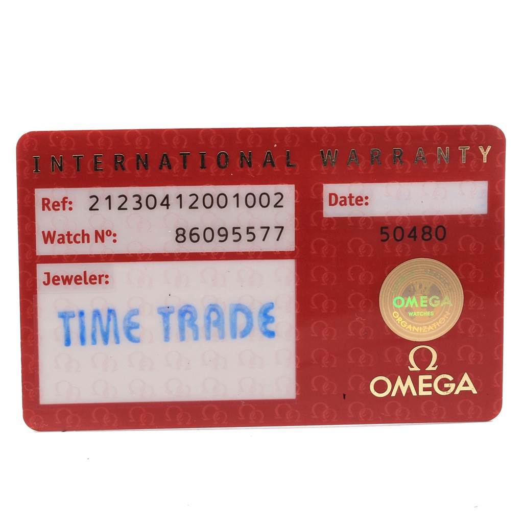 This image shows the International Warranty card for the Omega Seamaster 212.30.41.20.01.002 Men
s Stainless Steel Black Dial 212.30.41.20.01.002 Men
s Stainless Steel Black Dial watch model.
