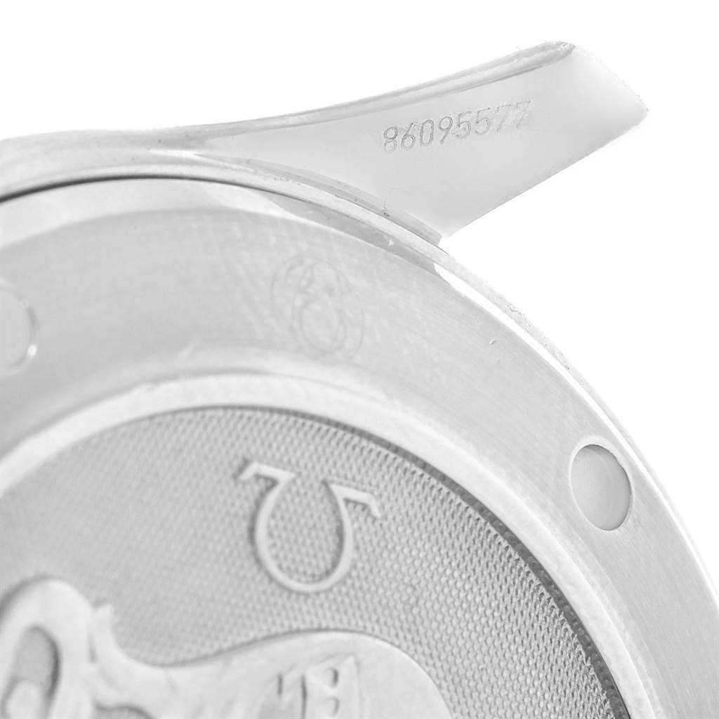 The image shows a close-up of the Omega Seamaster 212.30.41.20.01.002 Men
s Stainless Steel Black Dial 212.30.41.20.01.002 Men
s Stainless Steel Black Dial watch
s case back and lugs with partial engravings visible.