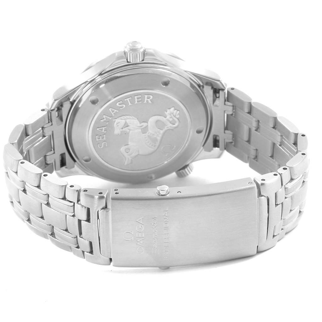 The image shows the back case and metal bracelet of an Omega Seamaster 212.30.41.20.01.002 Men
s Stainless Steel Black Dial 212.30.41.20.01.002 Men
s Stainless Steel Black Dial watch, including the clasp.