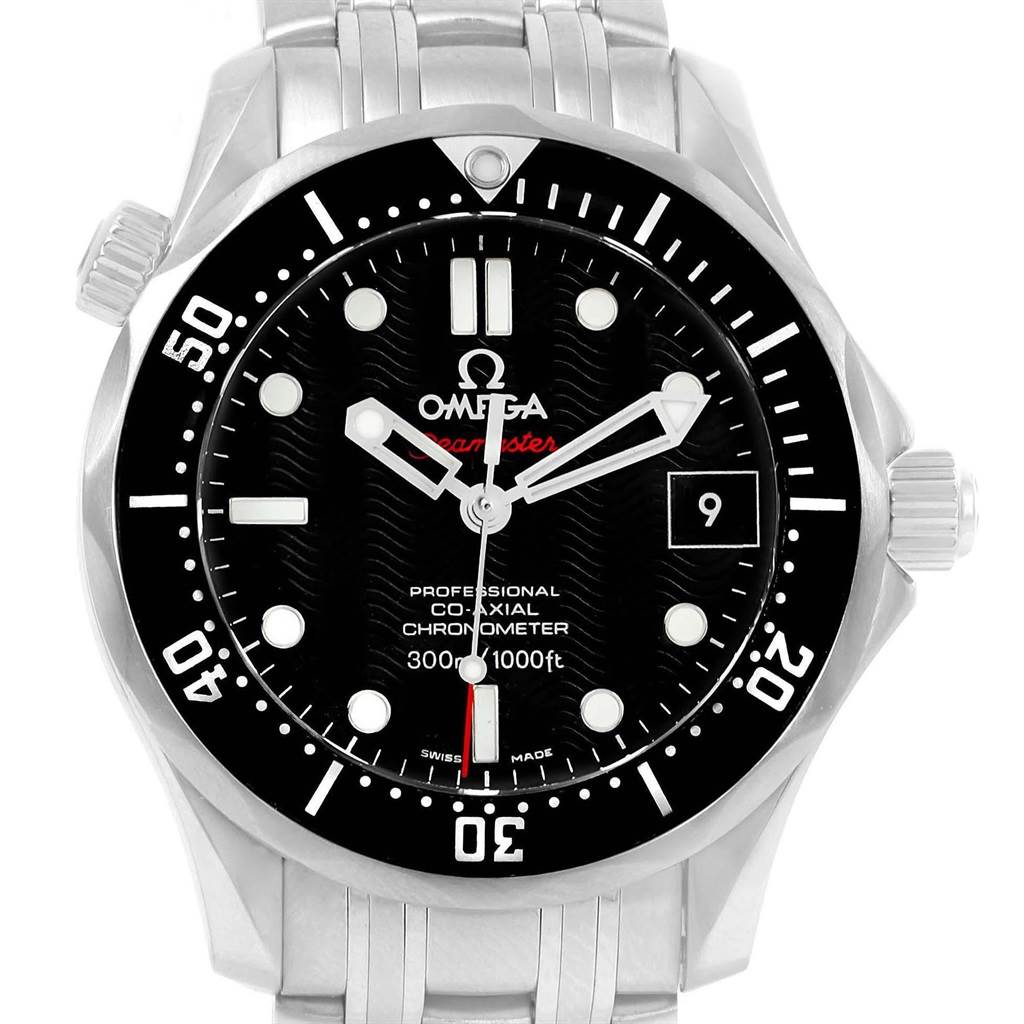The image shows a frontal view of an Omega Seamaster 212.30.41.20.01.002 Men
s Stainless Steel Black Dial 212.30.41.20.01.002 Men
s Stainless Steel Black Dial watch, highlighting the bezel, dial, hands, and bracelet.