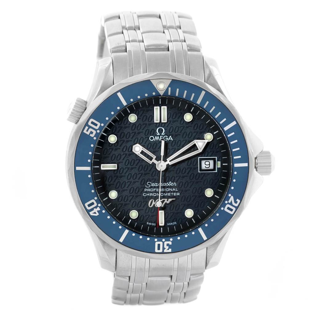 The image shows a front view of an Omega Seamaster 2537.80.00 Men
s Stainless Steel Blue Dial 2537.80.00 Men
s Stainless Steel Blue Dial watch featuring the dial, bezel, bracelet, and crown.