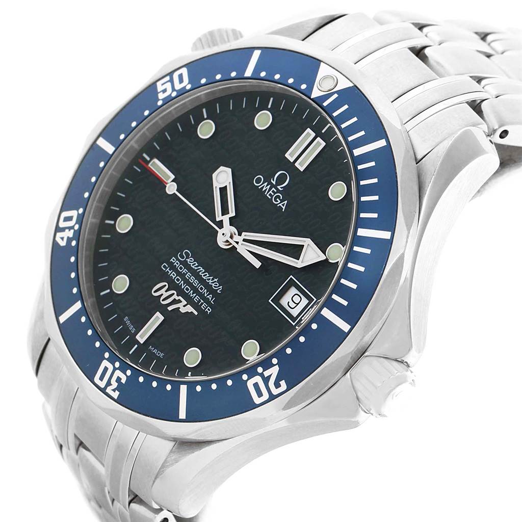 The Omega Seamaster 2537.80.00 Men
s Stainless Steel Blue Dial 2537.80.00 Men
s Stainless Steel Blue Dial watch is shown at an angle highlighting the face, bezel, and part of the bracelet.