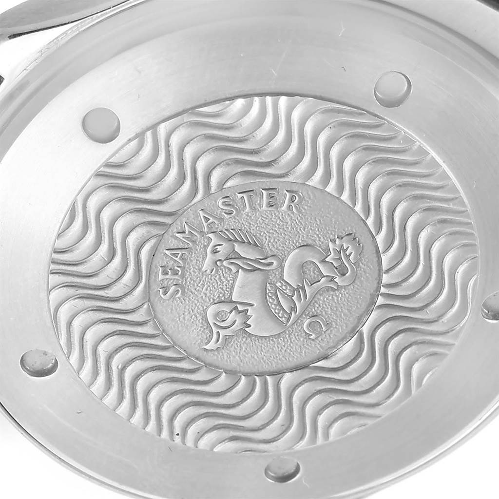 The image shows the case back of an Omega Seamaster 2541.80.00 Men
s Stainless Steel Blue Dial 2541.80.00 Men
s Stainless Steel Blue Dial watch, featuring the embossed Seamaster logo.