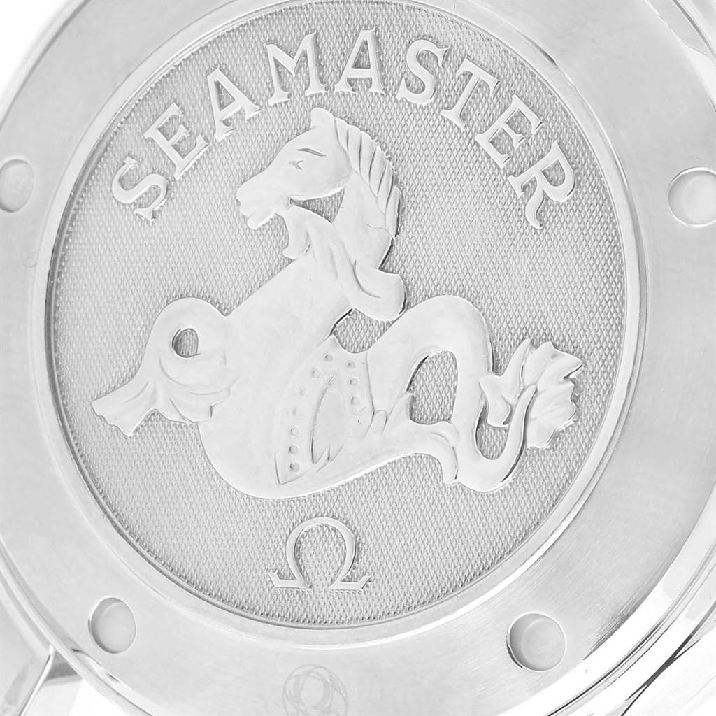 Close-up view of the case back of the Omega Seamaster 212.30.41.20.01.002 Men
s Stainless Steel Black Dial 212.30.41.20.01.002 Men
s Stainless Steel Black Dial watch, featuring the Seamaster logo and Omega branding.