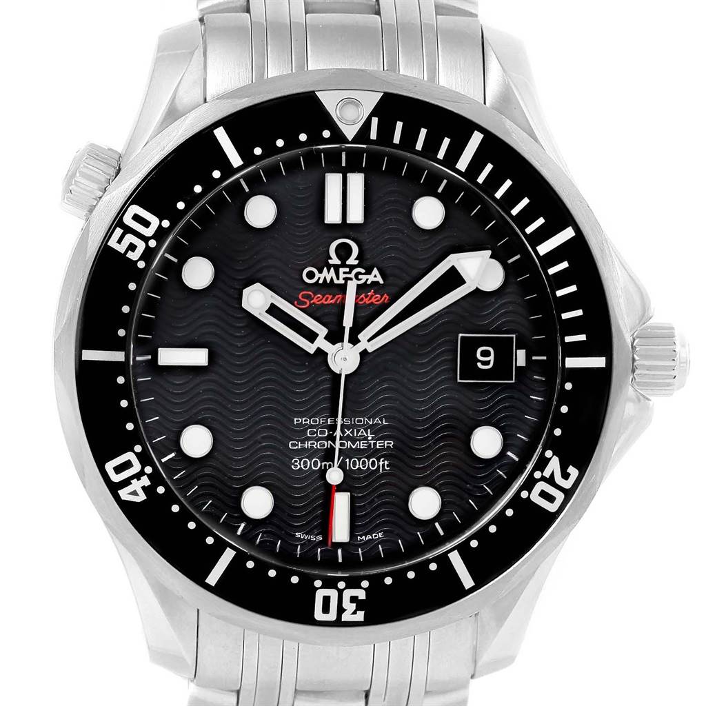 The image shows a front view of an Omega Seamaster 212.30.41.20.01.002 Men
s Stainless Steel Black Dial 212.30.41.20.01.002 Men
s Stainless Steel Black Dial watch, highlighting its black dial, bezel, and stainless steel bracelet.
