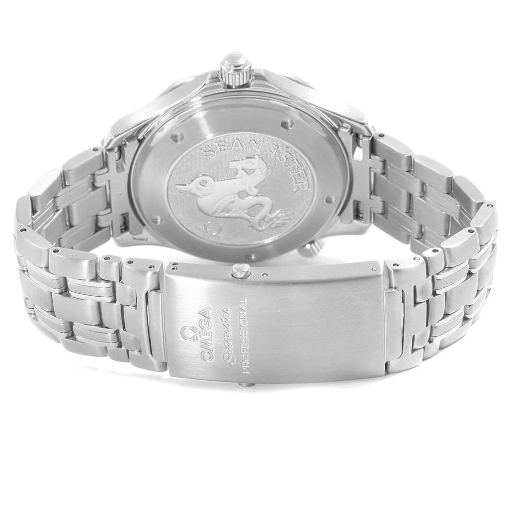 The image shows the back case and bracelet of an Omega Seamaster 212.30.41.20.01.002 Men
s Stainless Steel Black Dial 212.30.41.20.01.002 Men
s Stainless Steel Black Dial watch, highlighting the engraved logo and clasp.