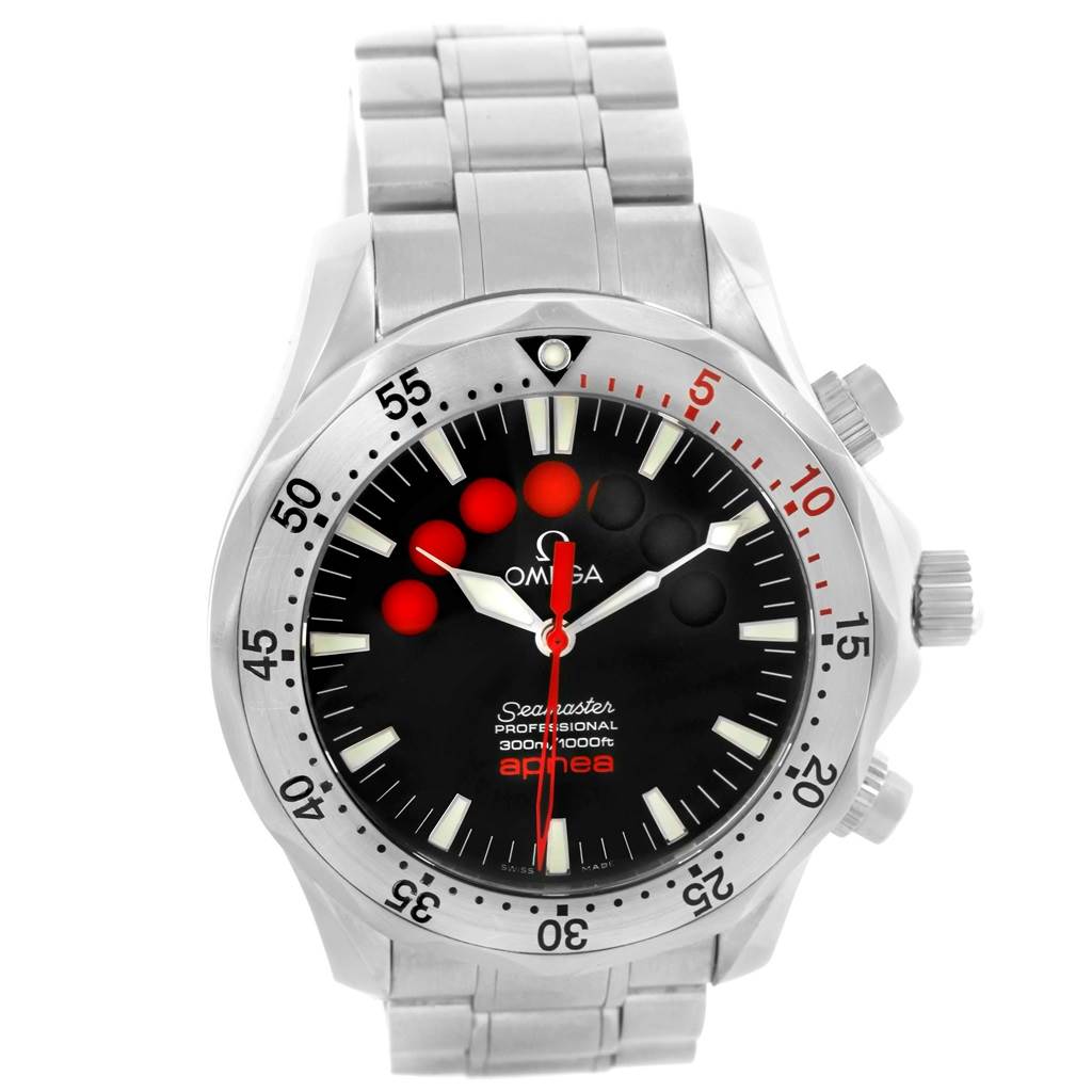 The image shows a front view of the Omega Seamaster 2595.50.00 Men
s Stainless Steel Black Dial 2595.50.00 Men
s Stainless Steel Black Dial watch, displaying its face, bezel, and stainless steel bracelet.