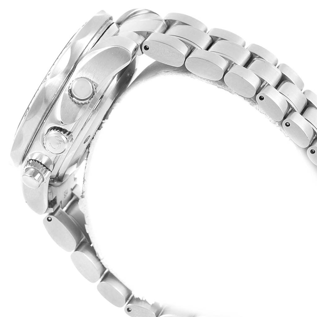 The image shows the side profile of an Omega Seamaster 2595.50.00 Men
s Stainless Steel Black Dial 2595.50.00 Men
s Stainless Steel Black Dial watch, highlighting the chronograph buttons, crown, and metal bracelet link.