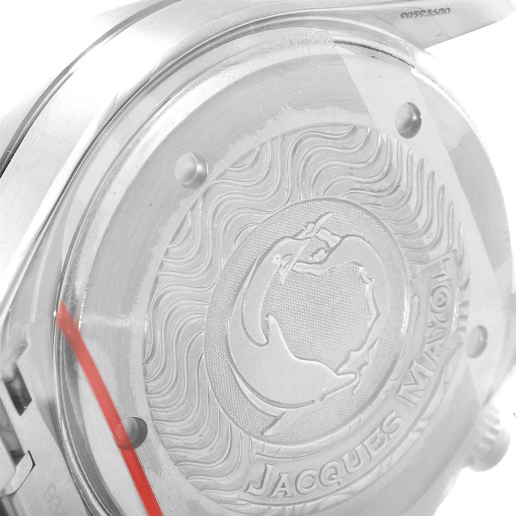 The image shows the engraved case back of an Omega Seamaster 2595.50.00 Men
s Stainless Steel Black Dial 2595.50.00 Men
s Stainless Steel Black Dial watch at an angle, highlighting the Jacques Mayol edition.