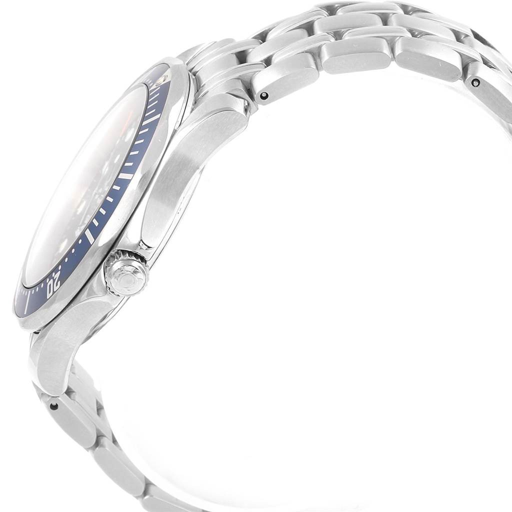 The Omega Seamaster 2541.80.00 Men
s Stainless Steel Blue Dial 2541.80.00 Men
s Stainless Steel Blue Dial watch is shown from a side angle, displaying the crown, bezel, and part of the bracelet.