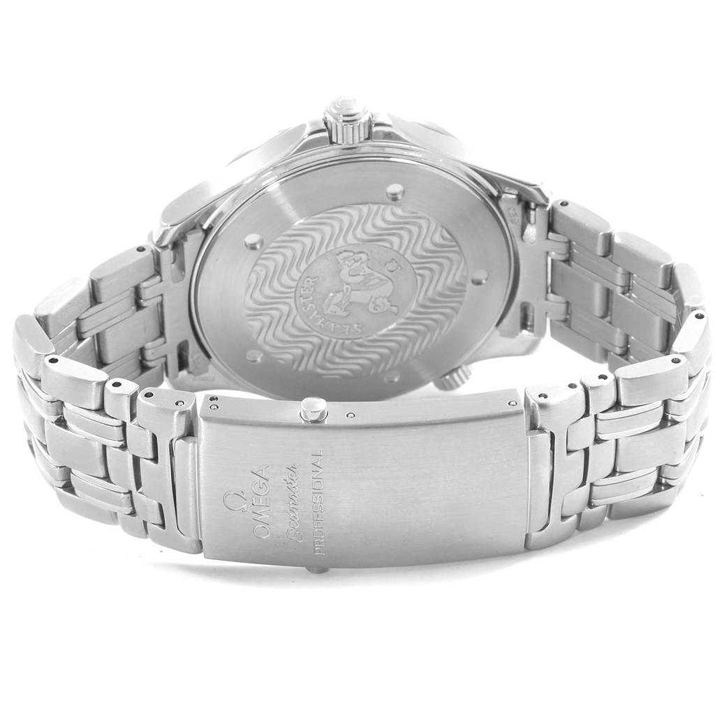 The image shows the back and clasp of an Omega Seamaster 2541.80.00 Men
s Stainless Steel Blue Dial 2541.80.00 Men
s Stainless Steel Blue Dial watch at an angle emphasizing the engraved case back and metal bracelet.