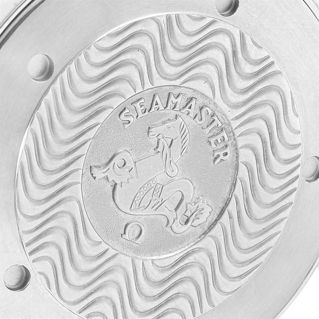 This image shows the case back of an Omega Seamaster 2541.80.00 Men
s Stainless Steel Blue Dial 2541.80.00 Men
s Stainless Steel Blue Dial watch, featuring its signature engravings.