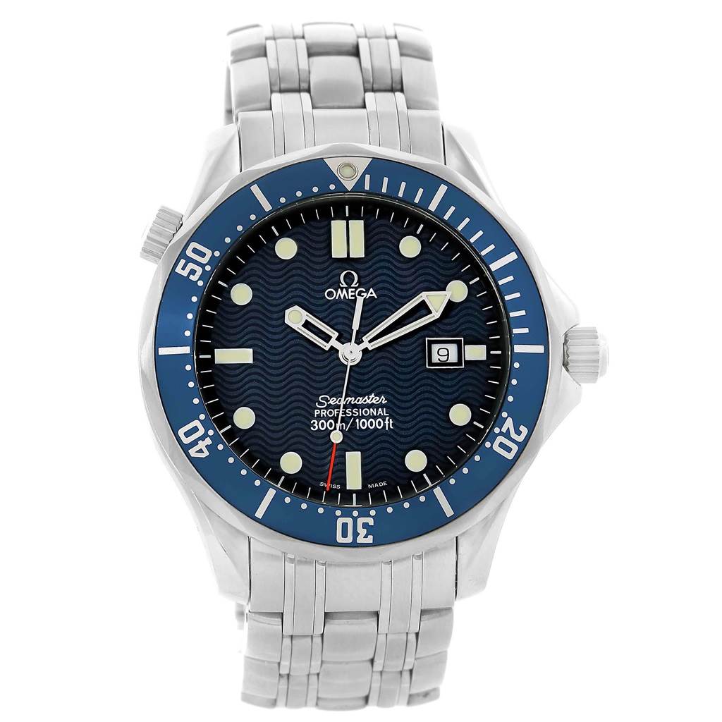 The image shows a front view of an Omega Seamaster 2541.80.00 Men
s Stainless Steel Blue Dial 2541.80.00 Men
s Stainless Steel Blue Dial watch, highlighting its blue dial, bezel, and stainless steel bracelet.
