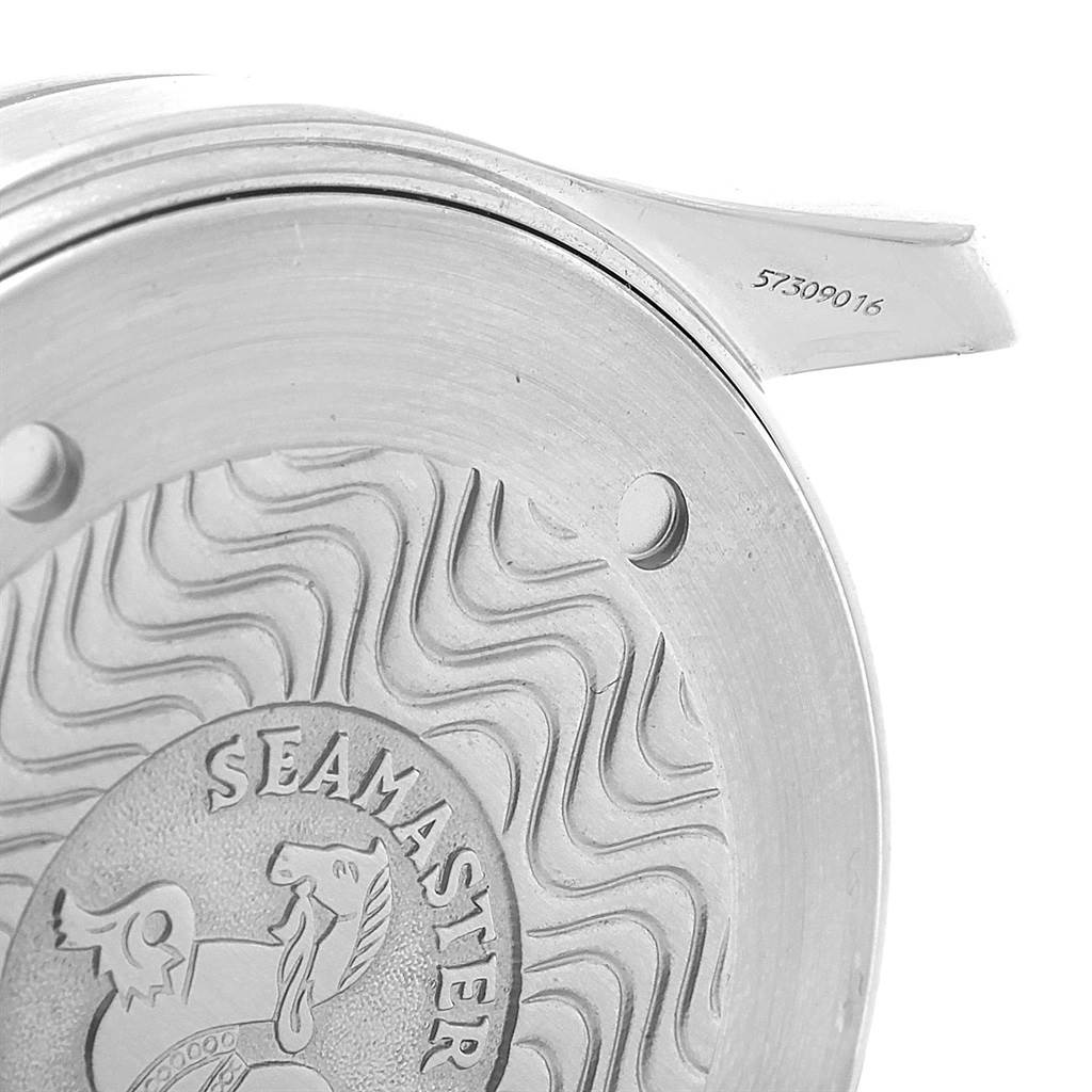 The image shows a close-up of the back case of an Omega Seamaster 2541.80.00 Men
s Stainless Steel Blue Dial 2541.80.00 Men
s Stainless Steel Blue Dial watch, featuring engravings and the model name.