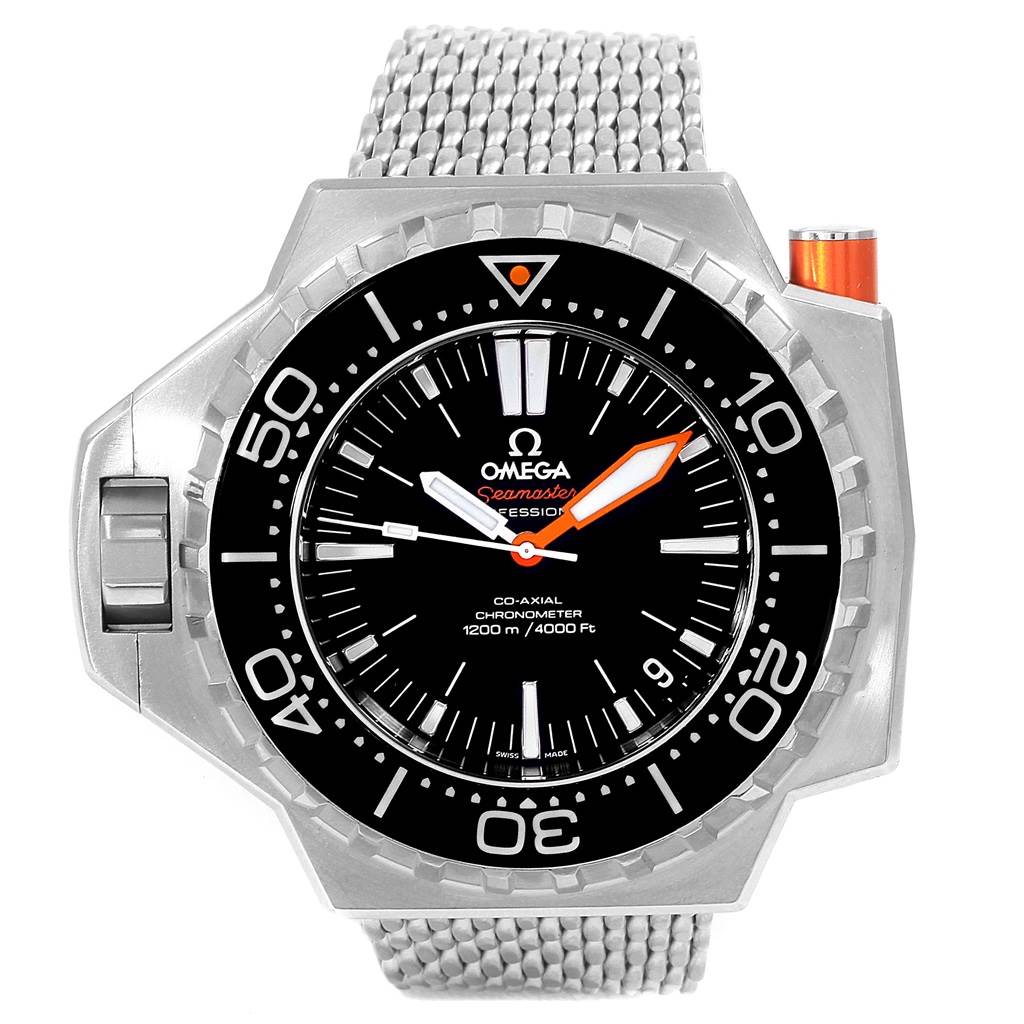 The image shows a front view of the Omega Ploprof 224.30.55.21.01.001 Men's Stainless Steel Black Dial 224.30.55.21.01.001 Men's Stainless Steel Black Dial Seamaster watch, detailing the face, bezel, mesh strap, and orange crown.