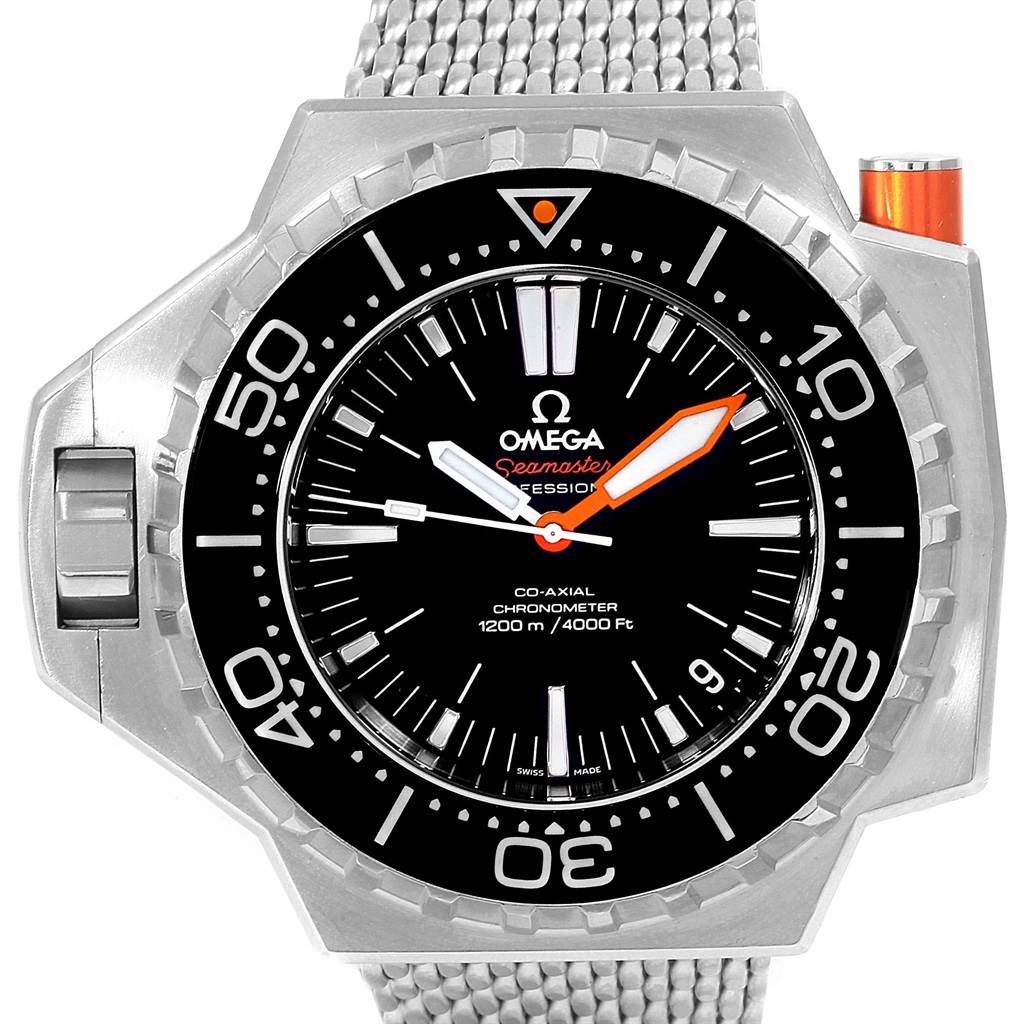 This image shows the front view of the Omega Seamaster Ploprof watch, highlighting its dial, hands, bezel, and a portion of the strap.