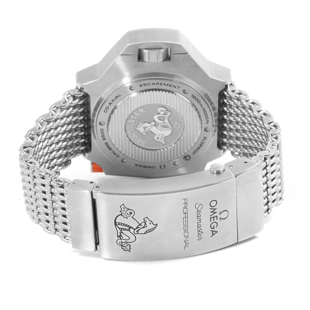 This image shows the back and clasp of an Omega Ploprof 224.30.55.21.01.001 Men's Stainless Steel Black Dial 224.30.55.21.01.001 Men's Stainless Steel Black Dial watch, highlighting its metal bracelet and engraved details.