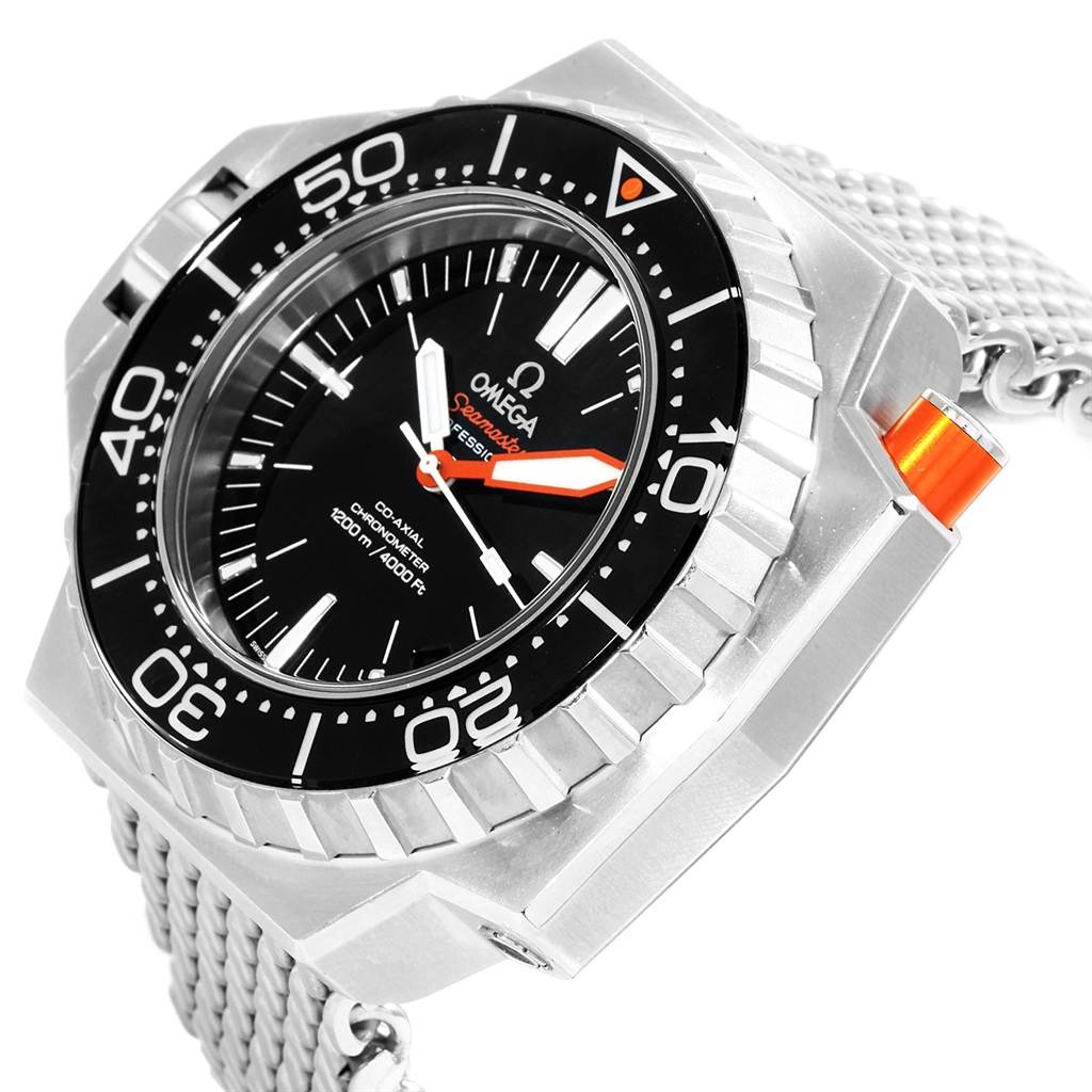 The image shows a close-up of the Omega Ploprof 224.30.55.21.01.001 Men's Stainless Steel Black Dial 224.30.55.21.01.001 Men's Stainless Steel Black Dial watch, highlighting its face, bezel, and partially its stainless steel bracelet.