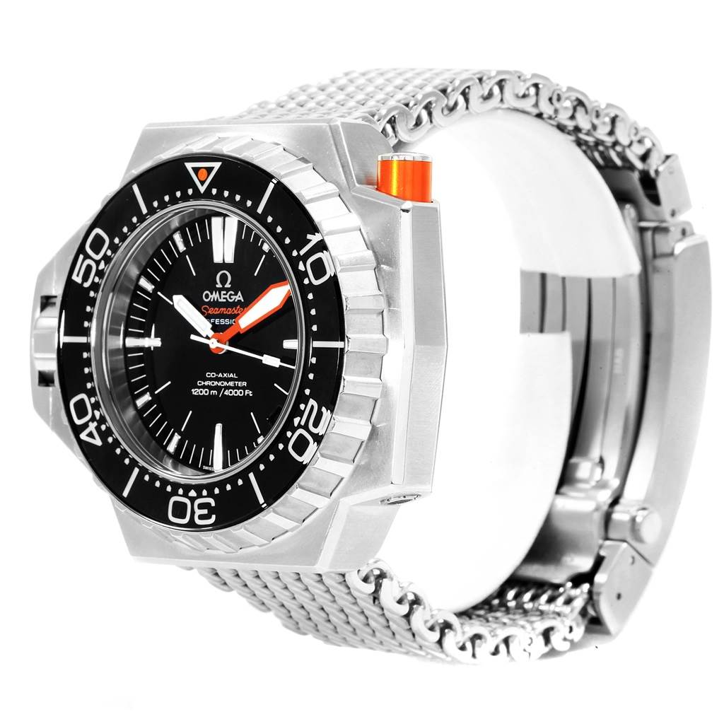 The image shows an Omega Ploprof 224.30.55.21.01.001 Men's Stainless Steel Black Dial 224.30.55.21.01.001 Men's Stainless Steel Black Dial watch at an angled side view, highlighting the case, bezel, dial, and bracelet.